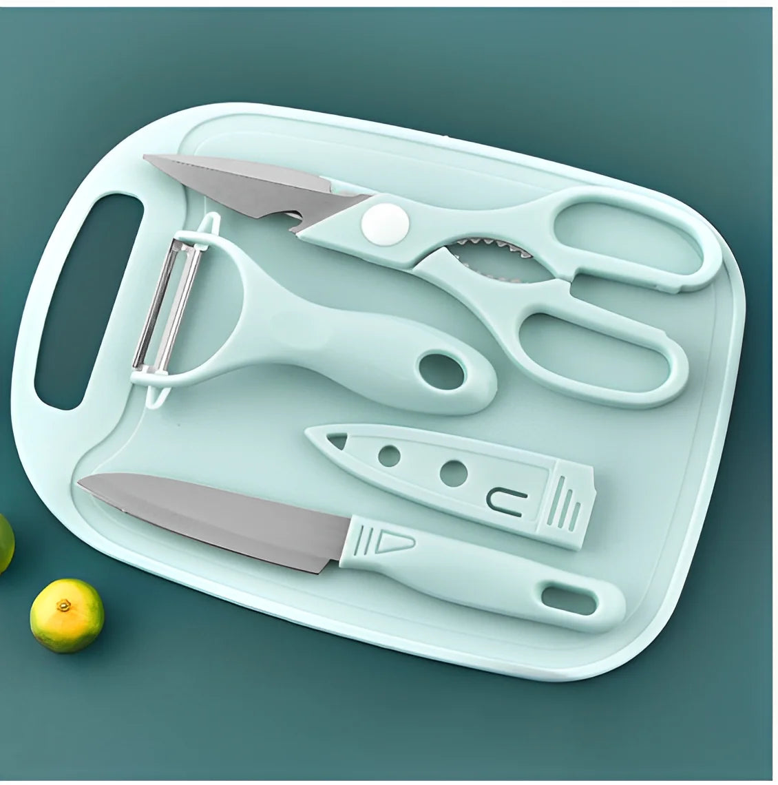 Kit de Cozinha 4 Peças: Facas, Tesoura, Descascador e Tábua – Aço Inoxidável Colorido – Neverdie Store