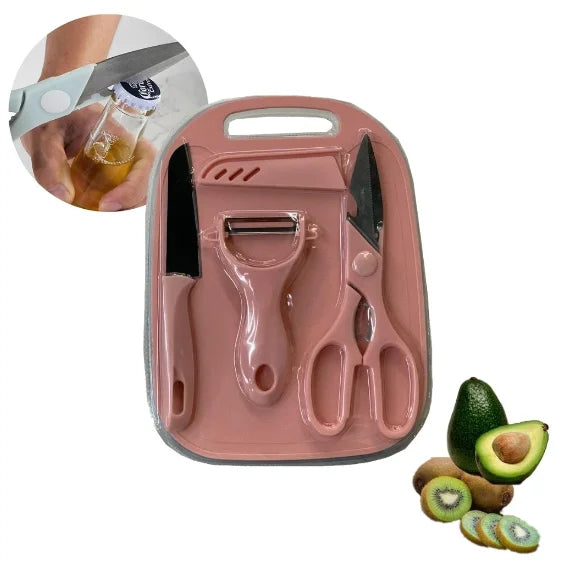 Kit de Cozinha 4 Peças: Facas, Tesoura, Descascador e Tábua – Aço Inoxidável Colorido – Neverdie Store