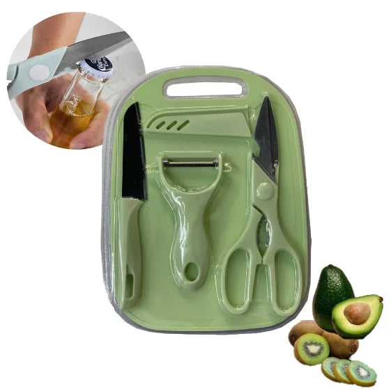 Kit de Cozinha 4 Peças: Facas, Tesoura, Descascador e Tábua – Aço Inoxidável Colorido – Neverdie Store