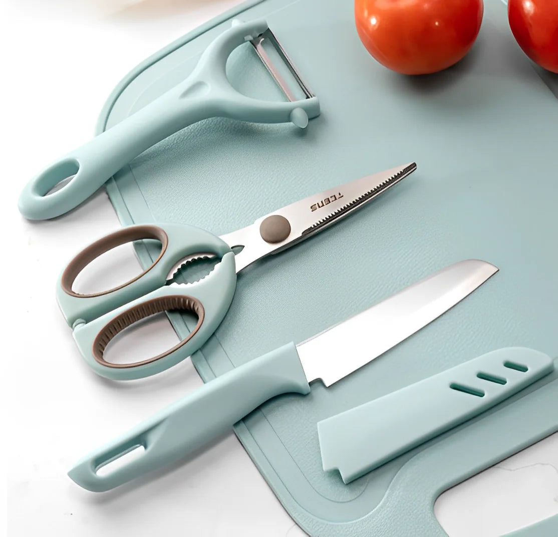 Kit de Cozinha 4 Peças: Facas, Tesoura, Descascador e Tábua – Aço Inoxidável Colorido – Neverdie Store