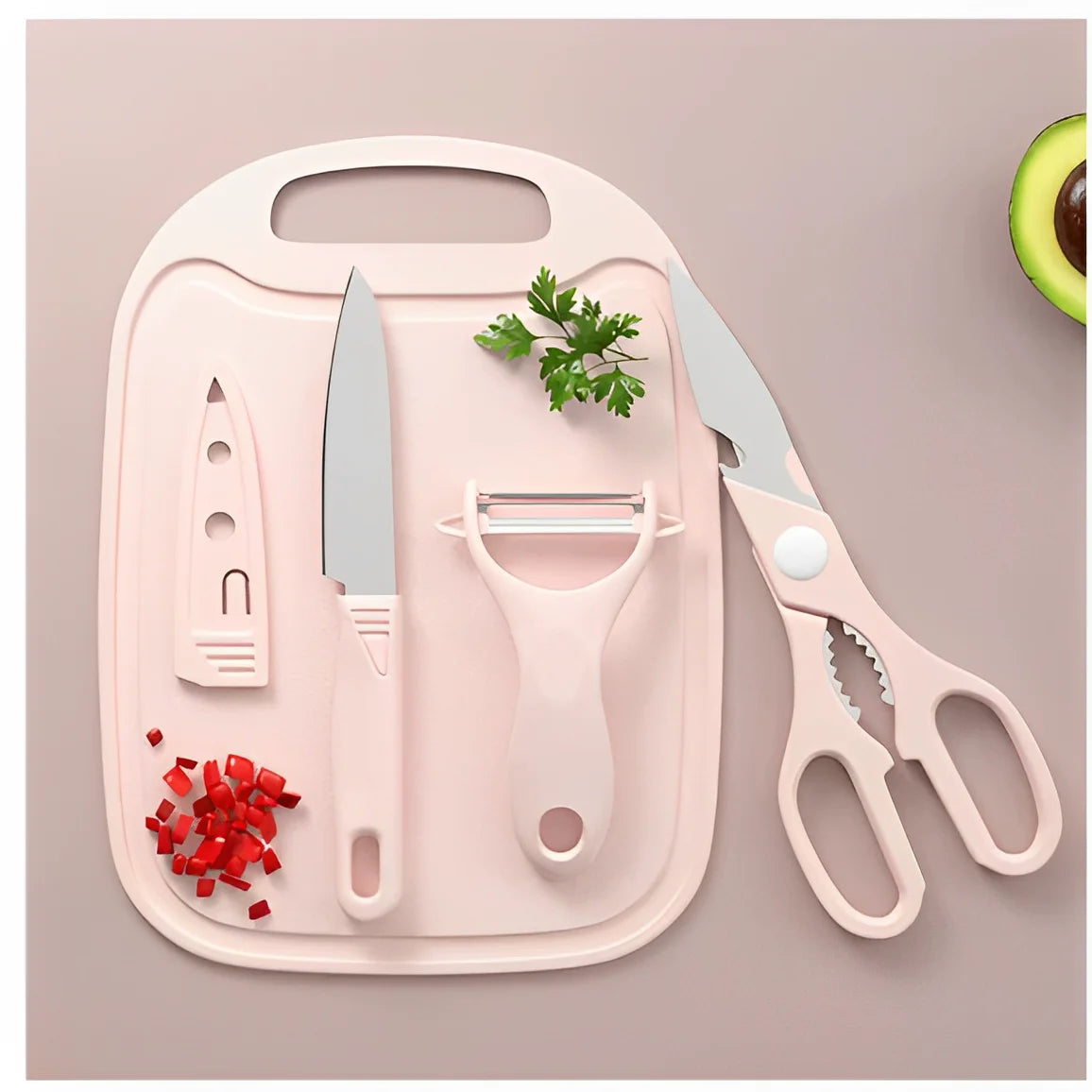 Kit de Cozinha 4 Peças: Facas, Tesoura, Descascador e Tábua – Aço Inoxidável Colorido – Neverdie Store