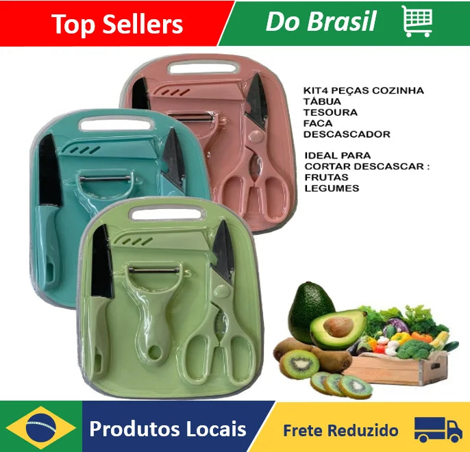 Kit de Cozinha 4 Peças: Facas, Tesoura, Descascador e Tábua – Aço Inoxidável Colorido – Neverdie Store