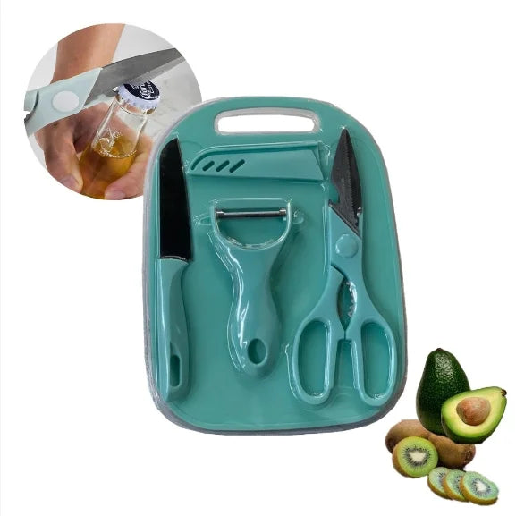 Kit de Cozinha 4 Peças: Facas, Tesoura, Descascador e Tábua – Aço Inoxidável Colorido – Neverdie Store